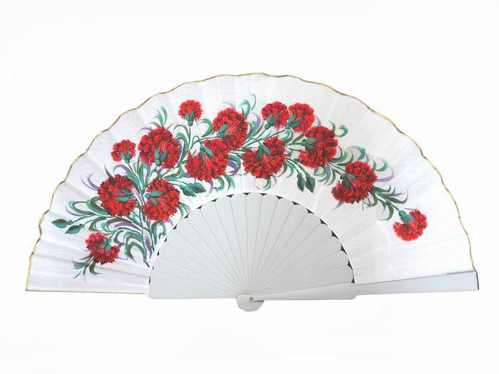 Hand painted Fan with Carnations and White Ribs