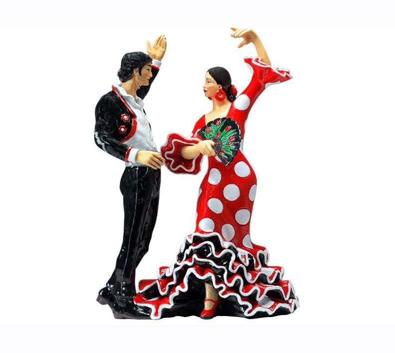 Couple de Bailaores de Flamenco avec une Robe Rouge à Pois Blancs. 25cm