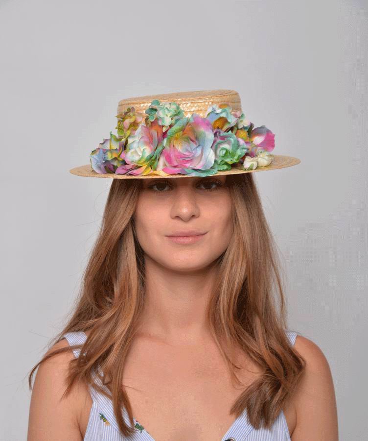 Sara Straw Boater Hat. Straw and Multicolor Flowers Headdress