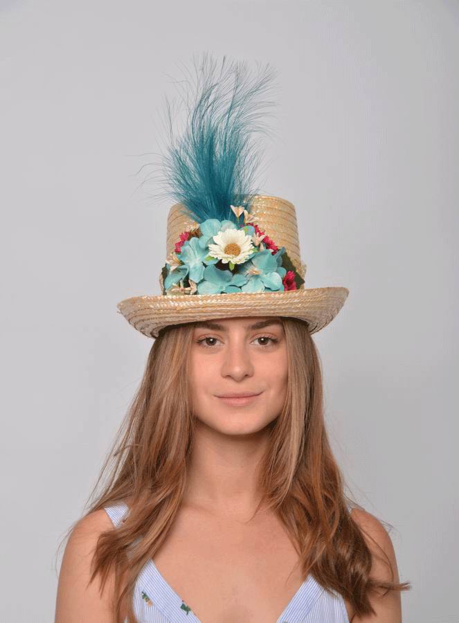 Top Hat Selene. Straw Hat with Green Flowers