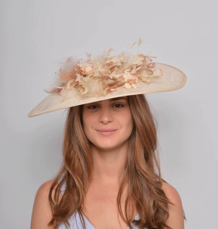 Floppy Hat Angela. Sinamay Flowers and Feathers