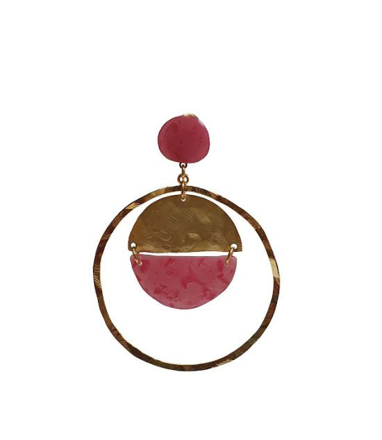镀金环形耳环和草莓水晶石耳环金圈耳环和淡粉色水晶石