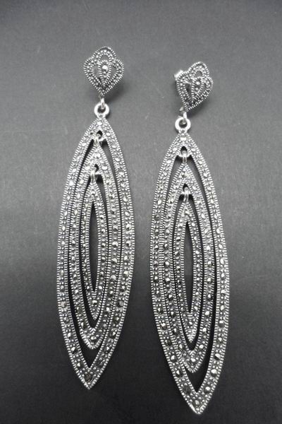 Silver and Marcasite Stones Earrings in Shape of Triple Ogival. 8cm