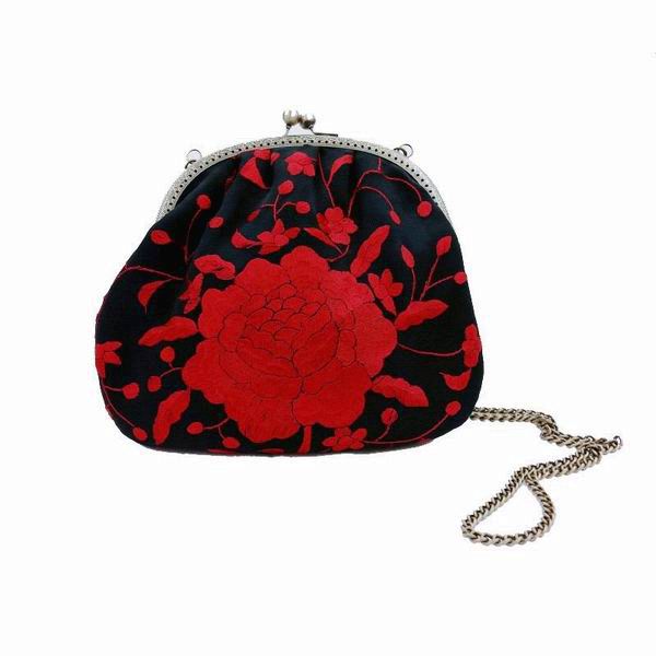 Manila Shawl Handbag Made of Black Silk and with Red Hand Embroidery
