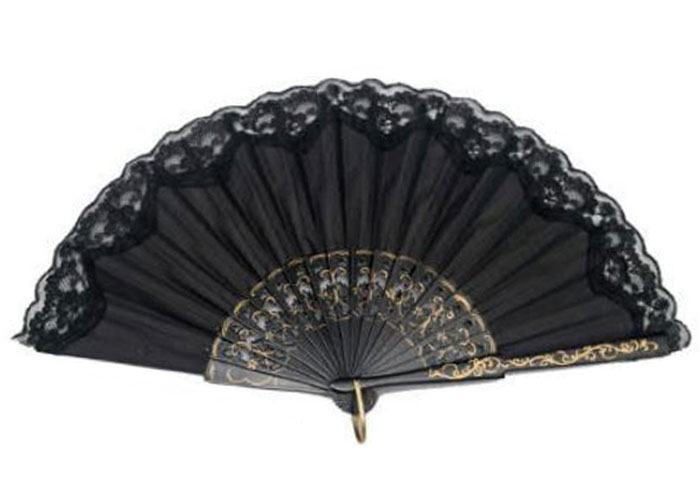 Plain Black Fan with Black Fretwork Ribs Decorated with Gold details and Black Lace