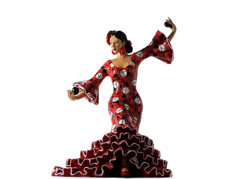 Bailaora Jouant des Castagnettes avec une Robe de Flamenca Rouge à Pois Blancs 20.5cm
