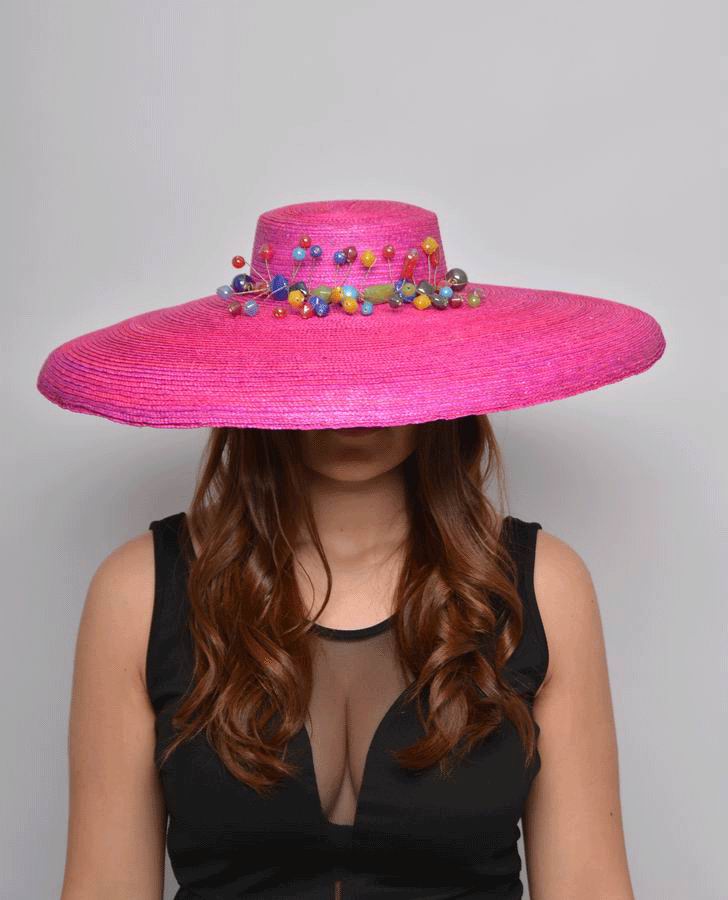 Straw Floppy Hat in Fuchia Decorated with Colored Stones