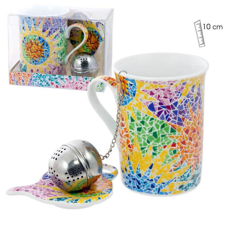 Tea set of mug, saucer and filter, ceramic with Gaudi designs