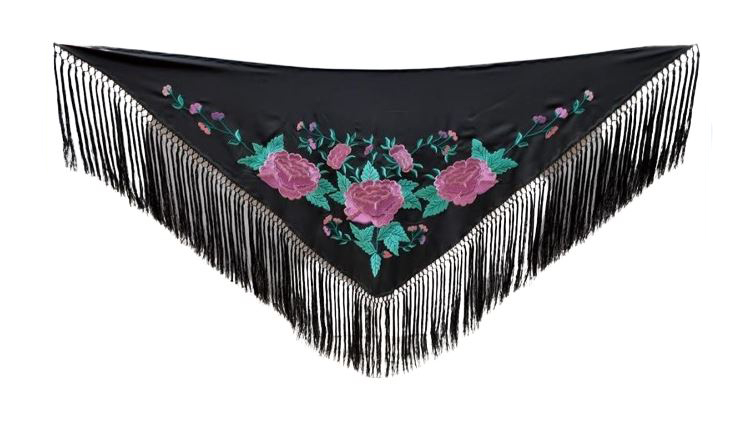 Black Embroidered Small Shawls with 3 Large Pink Roses