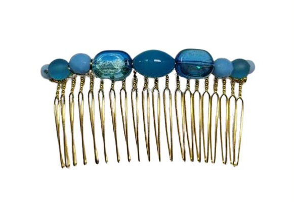 Peinecillos Metálicos Dorados con Piedras Acrílicas. Azul
