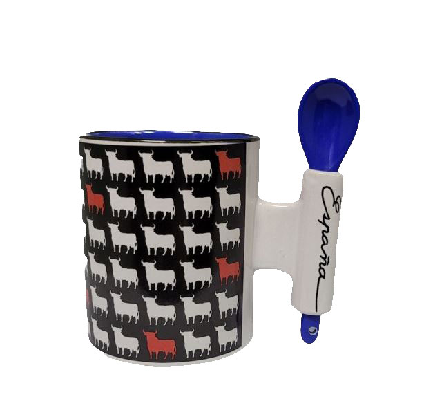 Osborne Bull Spoon Mug. White and Red Mini Bulls. Blue Spoon