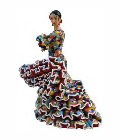 Flamenco dancer with multicoloured mosaic style dress. 13cm