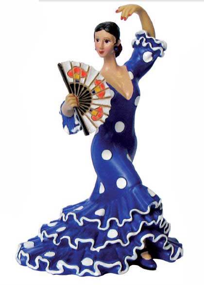 Flamenco Dancer with Matt Costume in Deep Blue with dots and Fan. 17cm