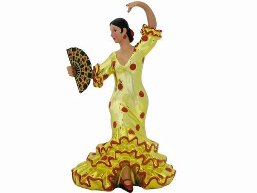 Danseuse Flamenca Costume Couleur Or à Pois Rouges avec Eventail. 17cm