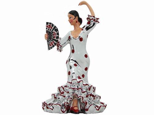 Flamenca Dancer with Red Polka Dots Silver Dress and Fan. 17cm