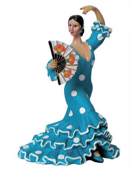 Danseuse Flamenca Costume Mat à Pois en Turquoise avec Eventail. 17 cm