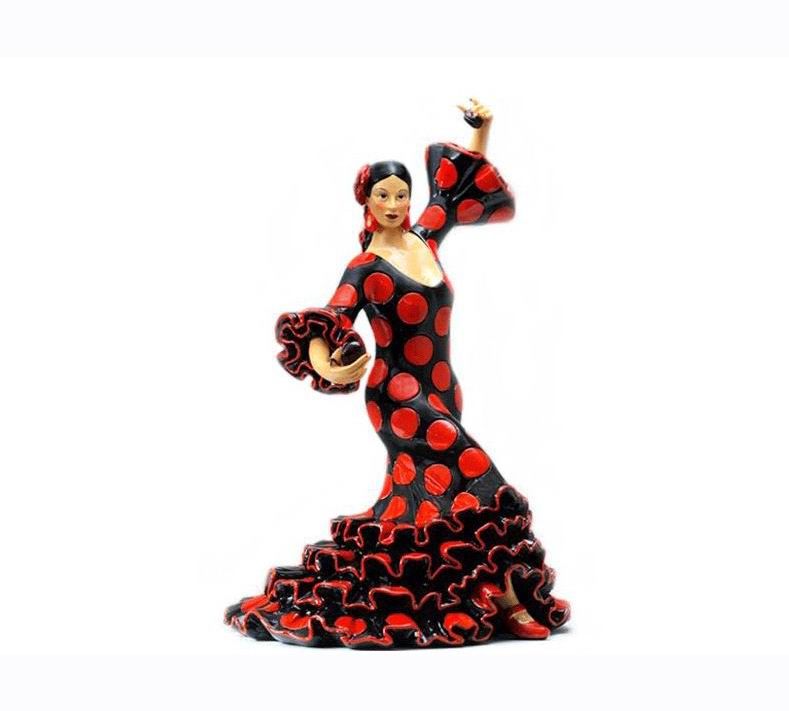 Bailaora Tocando Castañuelas con Traje de Flamenca Negro Lunar Rojo. 13cm