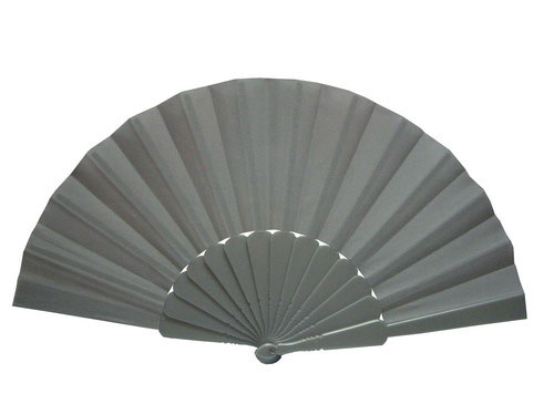 Plain fabric fan with plastic sticks in silver grey colour