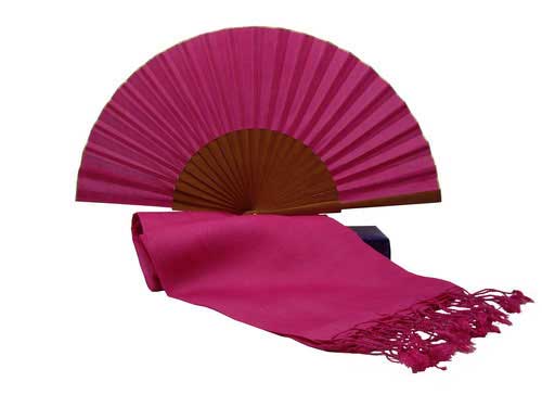 Conjunto abanico y foulard de seda en fuxia