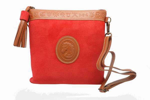 Red Split Leather Handbag with Bull's Iron Leather Medaillon