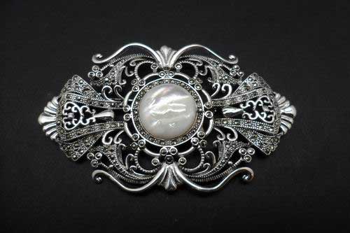 Fretwork Ogive Marcasite Brooch with Mother of Pearl center