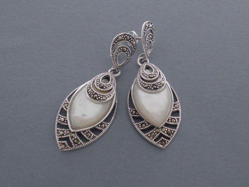 Silver Marcasite And Mother-of-Pearl Ogival Earrings