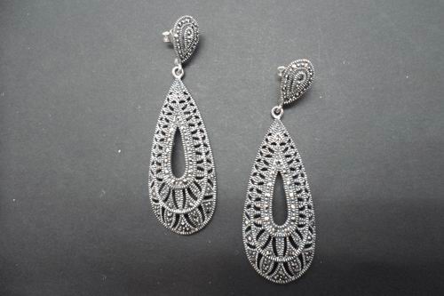 Fretwork Silver and Marcasite Stone Earrings. 6cm