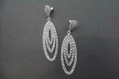 Marcasite Stone and Silver Earrings Triple Ogival Shape. 6cm