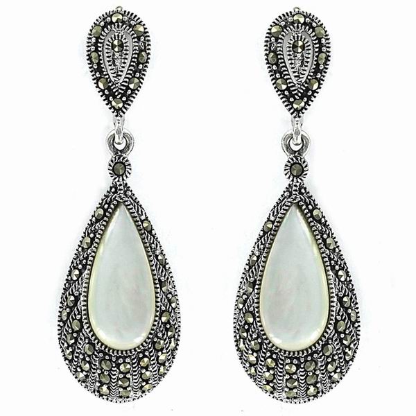 Silver Earrings with Marcasites and Mother of Pearl Teardrop Shaped