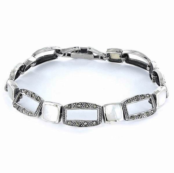 Silver Bracelet in Shape of Openwork Rectangulars with Marcasite Stones and Square Mother-of-Pearl Pieces