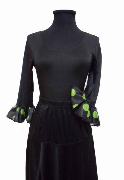Low Cost Long-Sleeved Black Leotard with Pistachio Green Polka Dots Ruffle for Adults