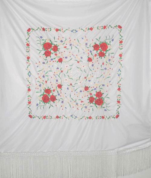 Rehearsal Manila Shawl. White with embroidery in different colors. 120cm X 120cm