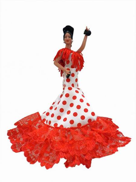 Muñecas flamencas con traje de Gitana Blanco con Lunares Rojos. 20cm