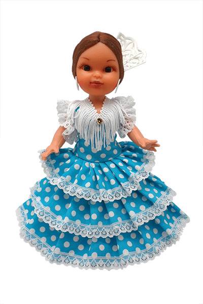 フラメンコ人形 タ－コイズブル－ドレス 白い水玉模様 ペイネタ付き. 25cm