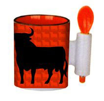 Osborne black bull mug with spoon. Orange mini bull background