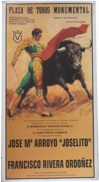 Poster of the Monumental Bullfighting of Madrid. Bullfighters Joselito and Rivera Ordoñez