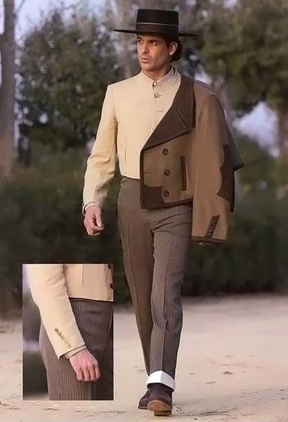 Beige Linen Campera Jacket and Brown Pinstripe Stretchable Calzona Trousers with Lapel and 