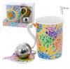 Tea set of mug, saucer and filter, ceramic with Gaudi designs