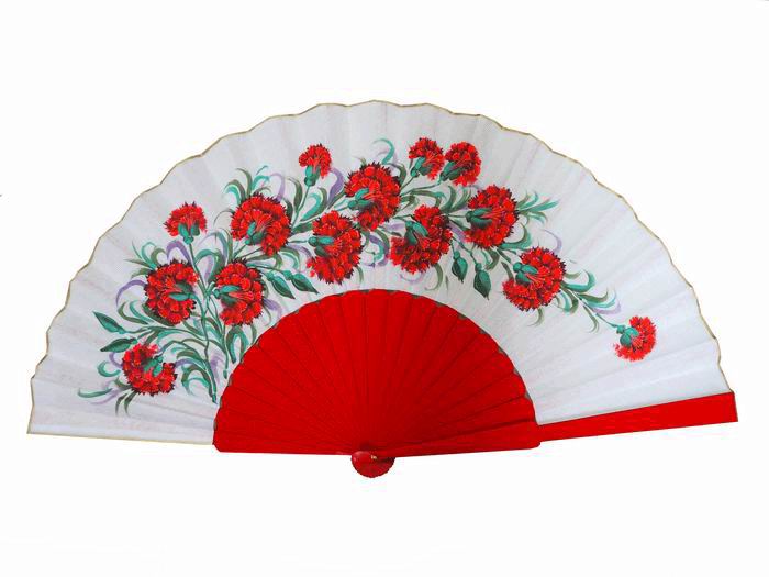 Hand painted Fan with Carnations and Red Ribs