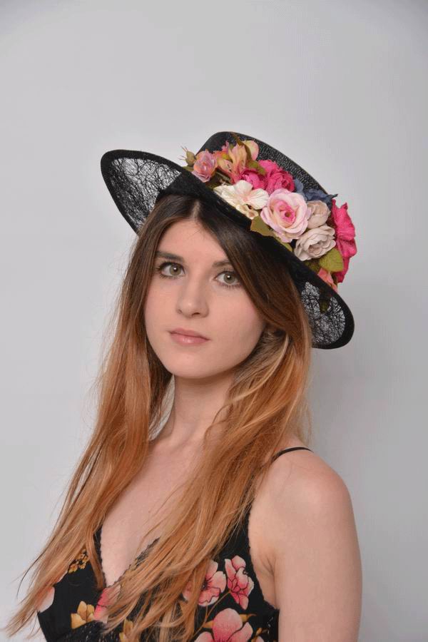 Straw boater Noa. Black Sinamay with Flowers