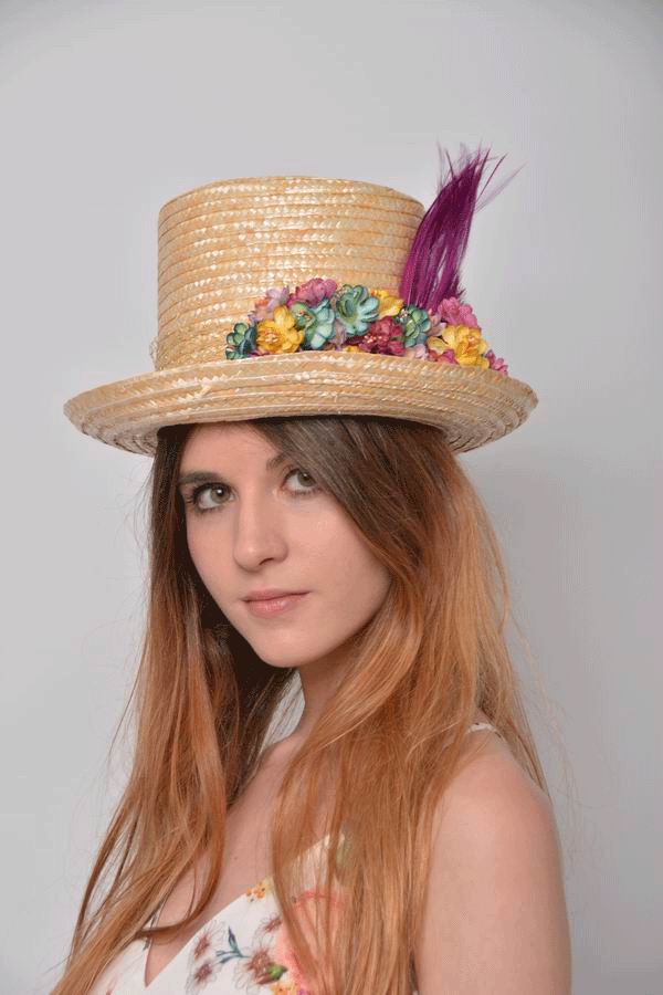 Morgana. Top Hat, Flowers and Feather Plum Colour