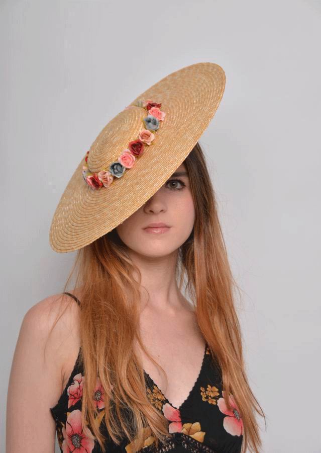 Floppy Hat Clementina. Straw with Small Flowers Around the Top Hat