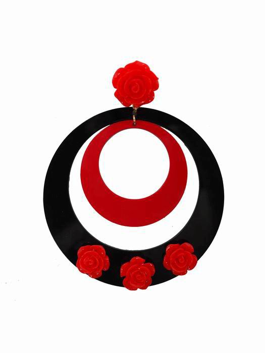 アセテート製バイカラー（黒＆赤）赤いバラ3本のダブルフ—プピアス