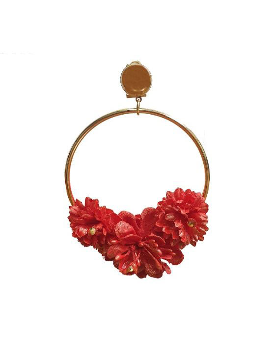 Boucles d'Oreilles Flamenca en forme de Anneaux dorées avec Fleurs en Tissu Rouge et Reflets Dorés