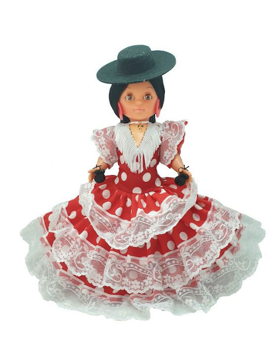 Muñecas de España con Traje Flamenco Rojo Lunar Blanco Sombrero Cordobes Negro. 35cm
