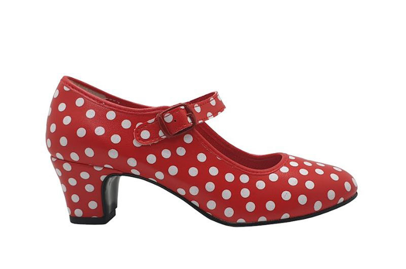 Zapatos de Flamenca Sintéticos Rojos Lunares Blancos