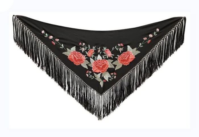 Black Embroidered Small Shawls with 3 Large Coral Roses