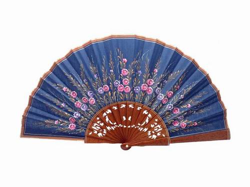 Navy Blue Lace Lacquered Sipo Wood Fan With Small Flowers and Wheat Ears. D12. 50X27cm