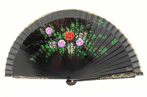 Black Fan With Floral Drawings on Both Sides Ref. 2035