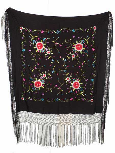 Machine Embroidered Manila Shawl of Natural Silk. Ref. 1010612M. 130cm X 130cm.